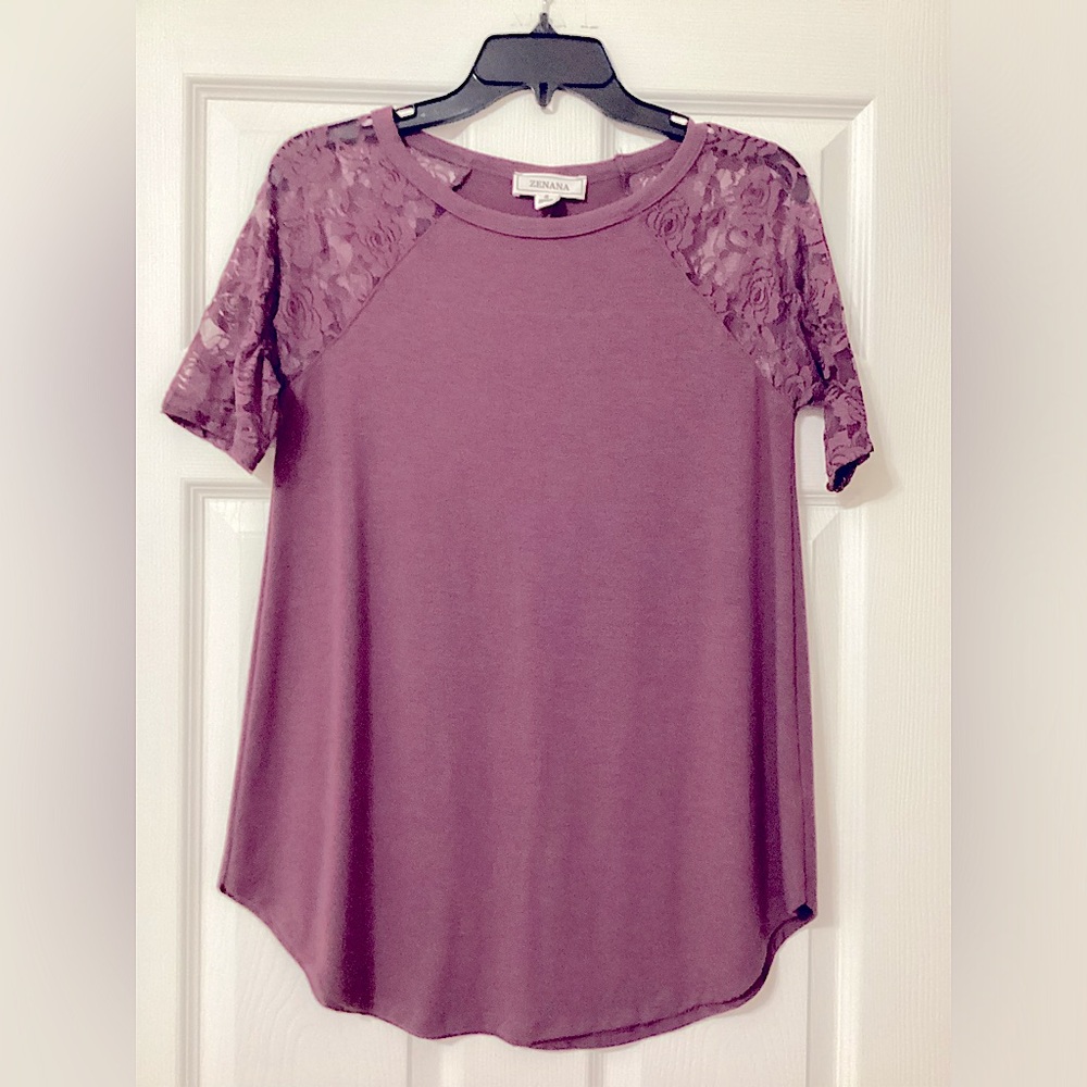 Lace Detail Short Sleeve Round Hem Top, Small, Color Eggplant
